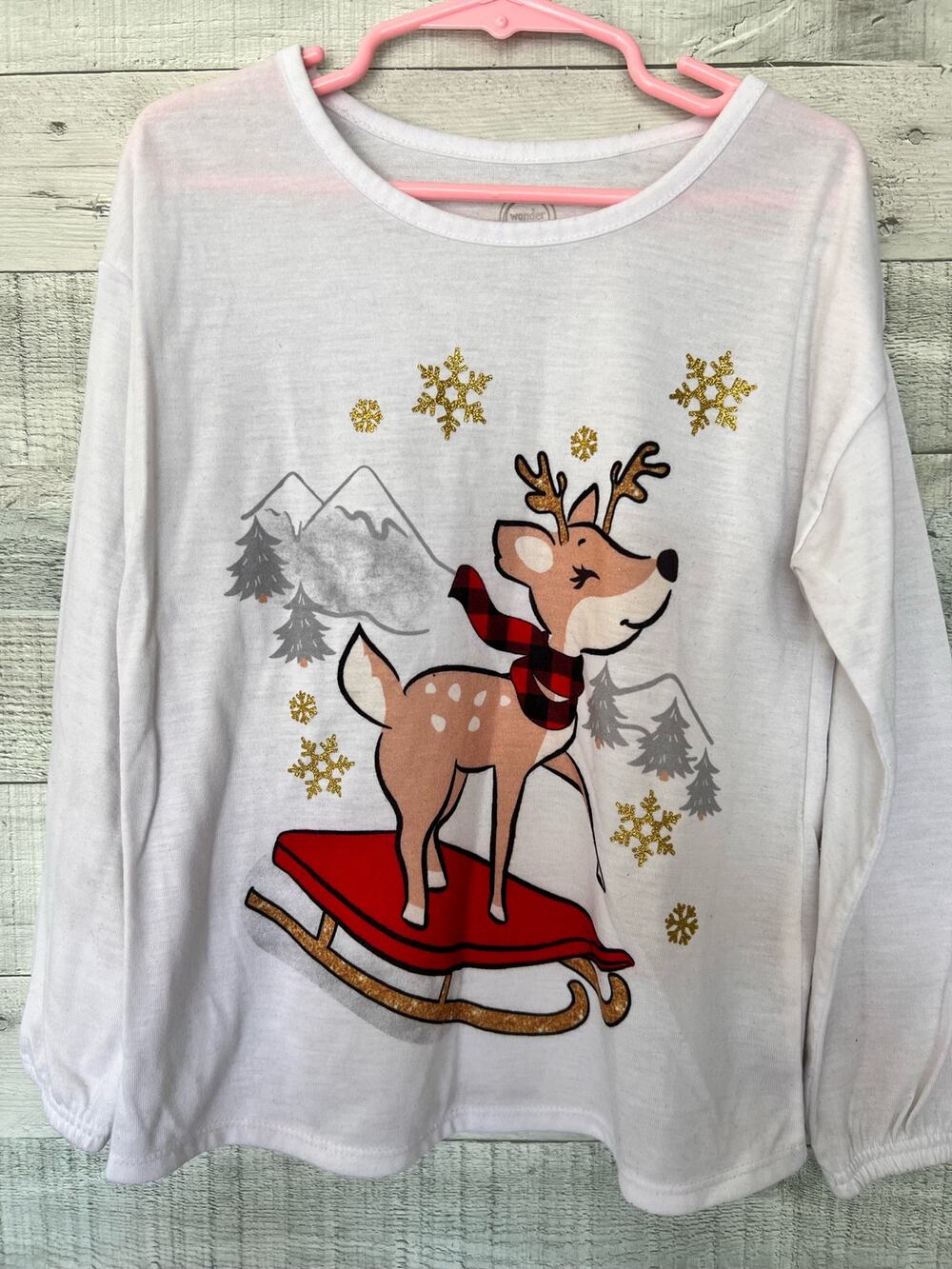 Wonder NationT-Shirt Girls Small White Holiday Reindeer Christmas Long Sleeve